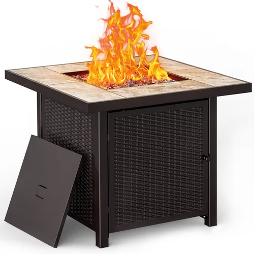 BALI OUTDOORS - Mesa para fogata de gas propano 32 pulgadas, 50,000 BTU, fogatas cuadradas de gas para exterior, color marrón
