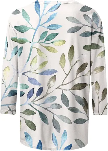 Miniatura 4 de Tuianres Camisetas de manga 34 para mujer, cuello redondo, blusa básica cómoda, linda impresión, tops de verano, casuales, holgados, camiseta tipo