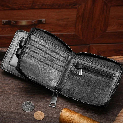 Miniatura 94 de LUKZIJAES Billetera de cuero genuino para hombre, con bloqueo RFID, delgada, plegable, bolsillo frontal, #3-Café, Vintage
