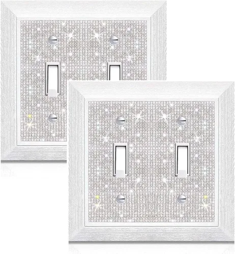 Miniatura 9 de Cubierta para interruptor de luz, con purpurina, bonitas cubiertas de placa de interruptor con diamantes de imitación plateados, textura blanca