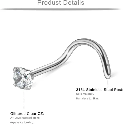 Miniatura 2 de Ruifan 18g (1.0mm) 316L - piercing de acero inoxidable curvo colgante para nariz con perno redondo de 2mm, 2 a 5 piezas.