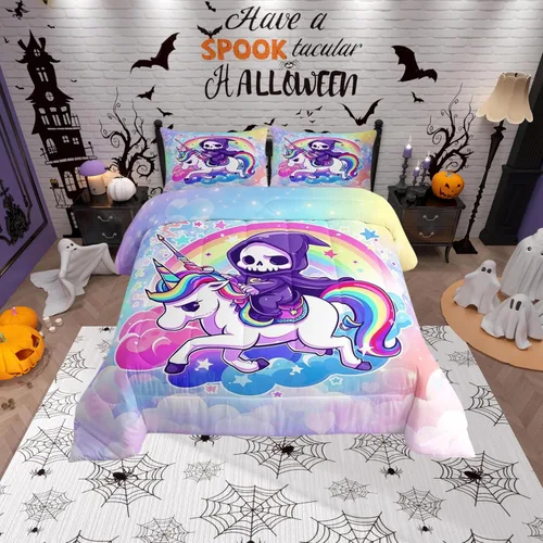 Miniatura 12 de Castle Fairy Juego de edredón de cama con temática de Halloween, tamaño Queen, juego de ropa de cama de microfibra súper suave estilo caricatura