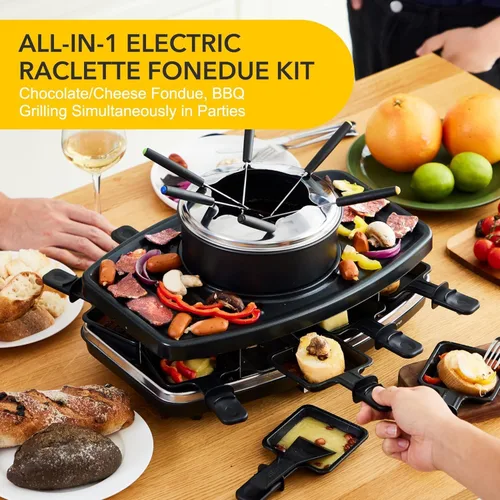Olla eléctrica para fondue de queso de 6 tazas, combinada con máquina Raclette para 8 personas y parrilla de interior, termostatos ajustables