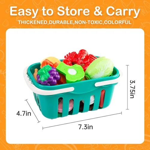 Miniatura 9 de Juego de cocina de 150 piezas, accesorios de cocina para niños pequeños, alimentos, manta de picnic, frutas, verduras, paquete de 2 cestas de Azul