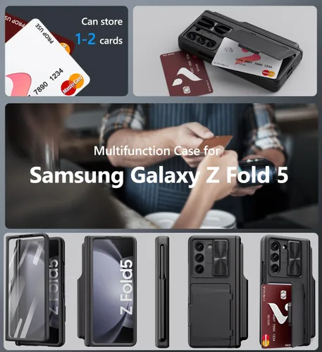 Miniatura 8 de Vihibii Funda para Samsung Galaxy Z Fold 5 con soporte para S Pen, tarjetero y cubierta de lente deslizante, protector de pantalla y protección