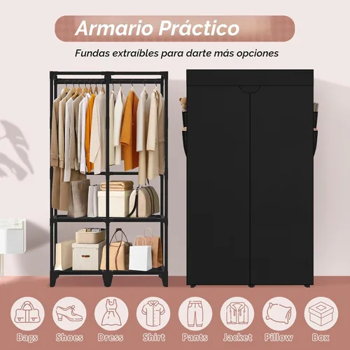 Miniatura 5 de Armario de Ropa, Montaje Rápido y Fácil, Clóset Portátil Negro con 2 Barras Colgantes, 4 Estantes de Almacenamiento y 8 Bolsillos Laterales, Estante