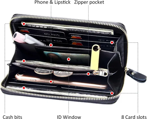 Miniatura 56 de Badiya Billetera para mujer con bloqueo RFlD de cuero con cremallera alrededor de carteras de gran capacidad