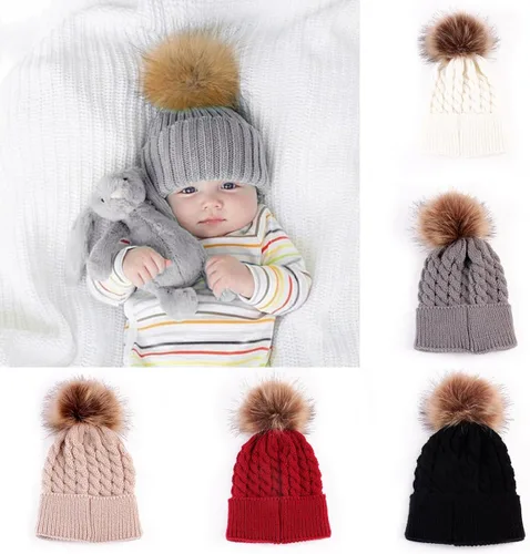 Miniatura 6 de oenbopo Baby Winter Warm Knit Hat Infant Toddler Kid Crochet Fur Hairball Beanie Cap
