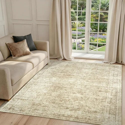 Alfombra de área lavable a máquina de 4 x 6, color beige, vintage, envejecida, boho, plegable, de pelo bajo, antideslizante, resistente a las