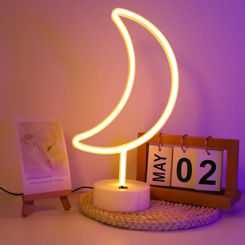 ENUOLI lámpara de noche de neón LED de forma de luna blanca cálida con base de soporte, lámpara de neón de luna, alimentada por batería y USB, Moon