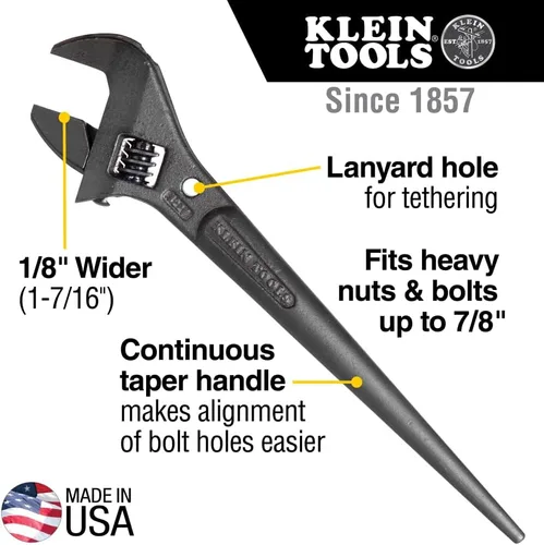 Miniatura 2 de Klein Tools 3227 Llave Ajustable Extra Ancha, Llave de Construcción Spud para Tuercas y Pernos de hasta 1-7/16 Pulgadas, 10 Pulgadas, con Orificio