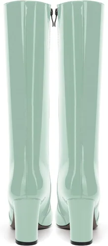 Miniatura 158 de AMBELIGHT Botas altas hasta la rodilla con cremallera y puntera puntiaguda para mujer, de patente sólida, tacón alto, 3.3 pulgadas