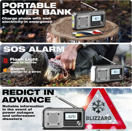 Miniatura 4 de Radio de emergencia meteorológica 5000mAh con manivela solar, gadgets geniales para hombres, papá, esposo, radios meteorológicas portátiles NOAA AM