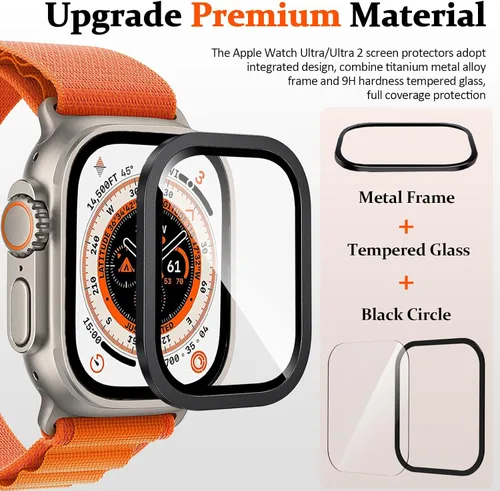 Miniatura 3 de Miimall Paquete de 2 protectores de pantalla de titanio para Apple Watch Ultra/Ultra 2 de 1.732 pulgadas, marco de titanio + vidrio templado
