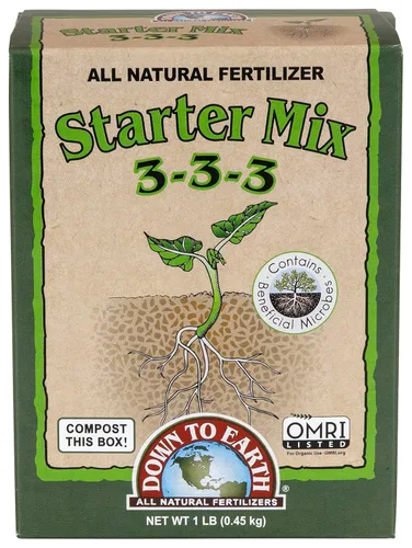 Down To Earth All Natural Fertilizers Organic Starter Mix - Alimento vegetal para inicios, trasplantes, nuevos jardines, contenedores 3-3-3, 1 lb