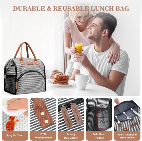 Miniatura 5 de LOKASS Bolsa de Almuerzo Aislada Caja de Almuerzo Bolsa Tote de Almuerzo de Apertura Amplia Soporte Grande para Bebidas Organizador Térmico de Lona