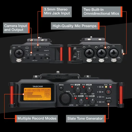 Miniatura 7 de TASCAM Grabadora de audio portátil de 4 canales para videógrafos, 4 entradas XLR/TRS combinadas, 2 micrófonos internos, limitador, filtro HP (DR-70D)
