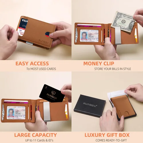 Miniatura 150 de RUNBOX - Carteras delgadas para hombre, cartera de piel con pinza para el dinero, cartera de bolsillo frontal con bloqueo RFID, tarjetero