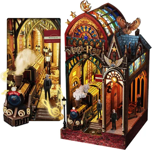 Kit de rincón de libros, estante en miniatura para casa con luces LED y música, rompecabezas de madera 3D de estación de tren retro para adultos,