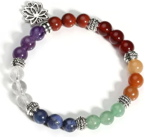 Miniatura 19 de Eigso Pulsera elástica de piedra de cristal de meditación curativa de 7 chakras para mujer con símbolo de loto, yoga, árbol, OM