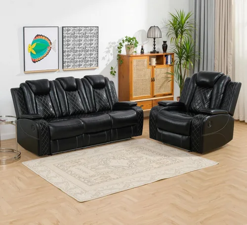 Miniatura 11 de Juego de sofá reclinable eléctrico con LED, juego de sofá de cuero transpirable para sala de estar, juego de sofá reclinable con puerto USB, Negro