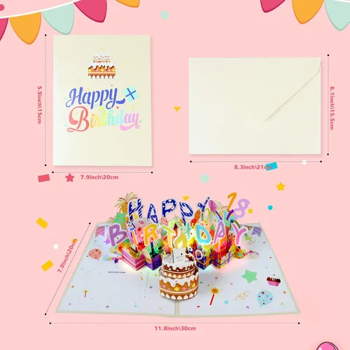 Miniatura 5 de Tarjeta de Cumpleaños Musical 3D, Vela de Luz LED Soplable, Tarjetas de 3D de Cumpleaños Emergentes con Números DIY 0-9, Vela de Luz LED Soplable