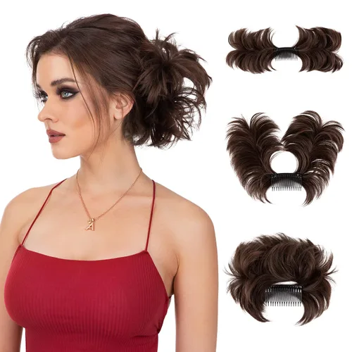 Postizo de Cabello de Moño Despeinado con Peine Lateral Clip en Postizo de Moño para Mujeres Corto Natural Liso Versátil Estilos Ajustables Piezas
