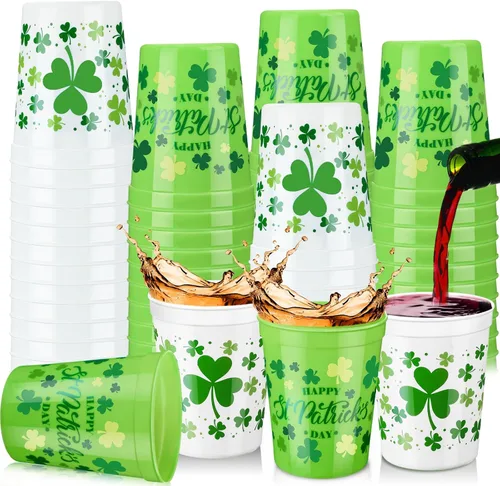 Norme 24 piezas Vasos de plástico para fiesta del día de San Patricio, envase a granel, vasos reutilizables de 16 oz con diseño de trébol de la