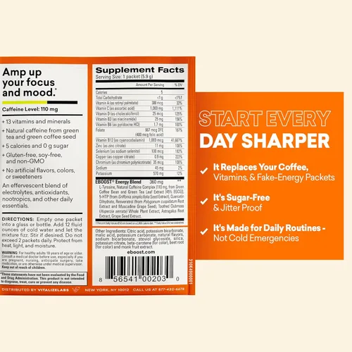 Miniatura 3 de EBOOST Super Powder - Mezcla de bebida – naranja de 0.2 onzas, paquete de 20 electrolitos energizantes de hidratación, 13 vitaminas y minerales, 110