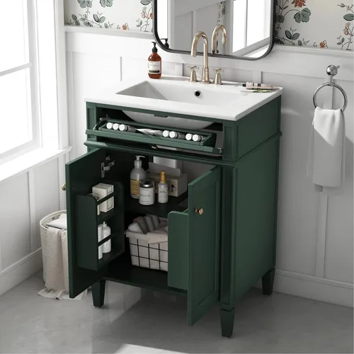 Miniatura 14 de Virubi Tocador de baño de 30 pulgadas con fregadero de cerámica, armario de almacenamiento independiente moderno con 1 puerta, 2 cajones y cajón Azul