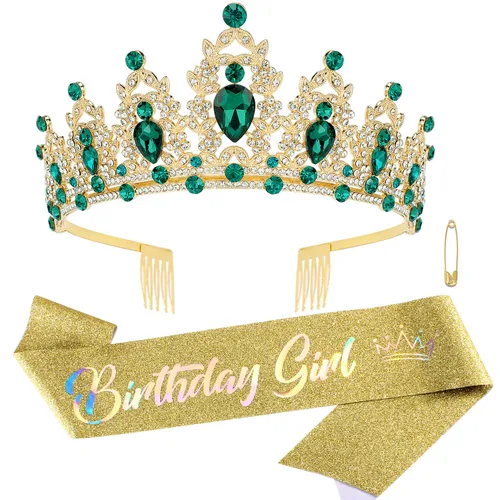 Miniatura 11 de SuPoo Kit de corona y banda de cumpleaños, tiara azul con diamantes de imitación y peine, banda con purpurina, diadema de cristal para mujeres