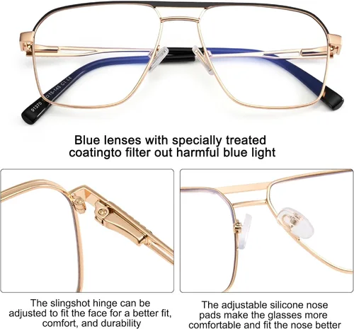 Miniatura 4 de Dollger Gafas cuadradas de aviador con luz azul para hombre, gafas retro de metal con bloqueo de luz azul, para juegos de computadora UV400