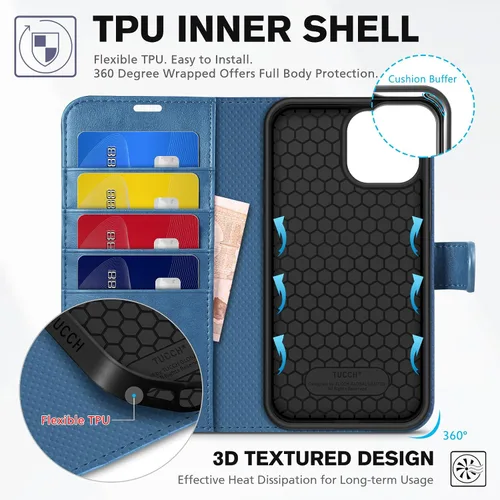Miniatura 5 de TUCCH Funda tipo cartera para iPhone 13 Pro Max, con bloqueo RFID, ranura para tarjetas y soporte [funda interior de TPU a prueba de impactos], Azul