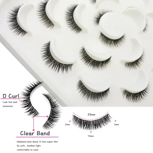 Miniatura 3 de DAODER Pestañas postizas de 0.394 pulgadas (0.394 pulgadas), pestañas gruesas y cortas de visón, aspecto natural con banda transparente, rizo D