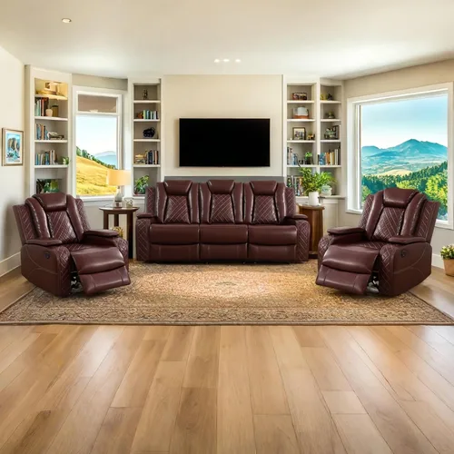 Miniatura 7 de Juego de sillón reclinable eléctrico con luces LED, juego reclinable de cuero sintético con puerto USB/cargador inalámbrico/consola de Borgoña