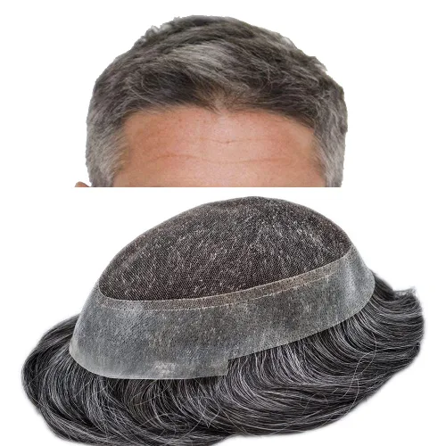 Miniatura 17 de Toupee para hombres, centro de encaje francés, extensiones de cabello humano, sistema de reemplazo de encaje con piel fina, prótesis de cabello gris