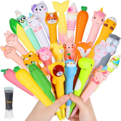 PerKoop 40 bolígrafos blandos Kawaii con recambios, suministros de estrés para apretar, tinta de gel estacionaria de animales de dibujos animados