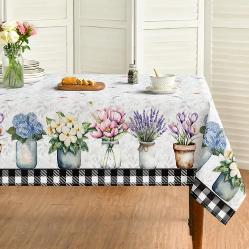 Horaldaily Mantel de primavera y verano de 60 x 84 pulgadas, florero floral de Pascua con tulipán lavanda y hortensias para decoración de fiestas,