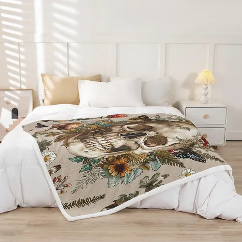 Miniatura 2 de Manfei Manta gótica de calavera y mariposa, libélula y polilla, para niños y niñas, manta de cama con hojas de flores y hongos para sofá, manta