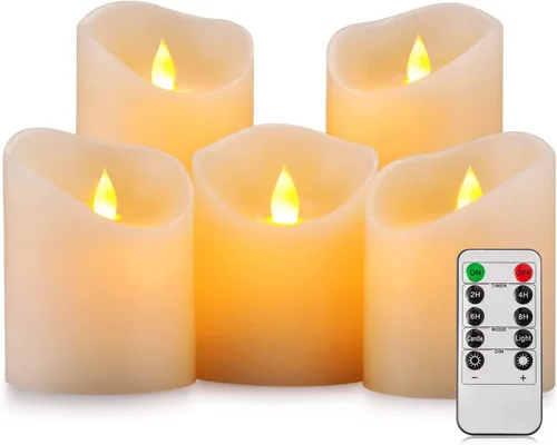 Enpornk Velas sin llama, Velas parpadeantes con LED, Juego móvil de 5 velas (Tamaño: D: 3" x H: 4"/4"/4"/6"/6") Velas tipo pilar realistas de cera