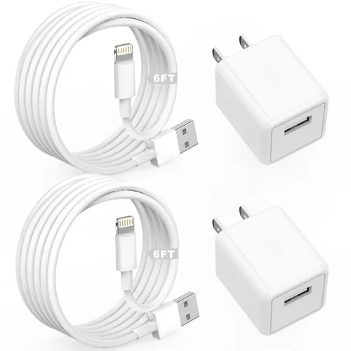 Cargador de iPhone, cargador de viaje para iPhone, paquete de 2 unidades, cable Lightning de 6 pies, cable de carga rápida USB, cargadores de pared,