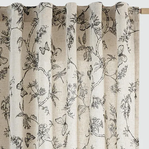 Miniatura 18 de JINCHAN Cortinas florales de lino para sala de estar, cortinas negras de estilo granja francesa de campo, cortinas de 63 pulgadas de largo, cortinas
