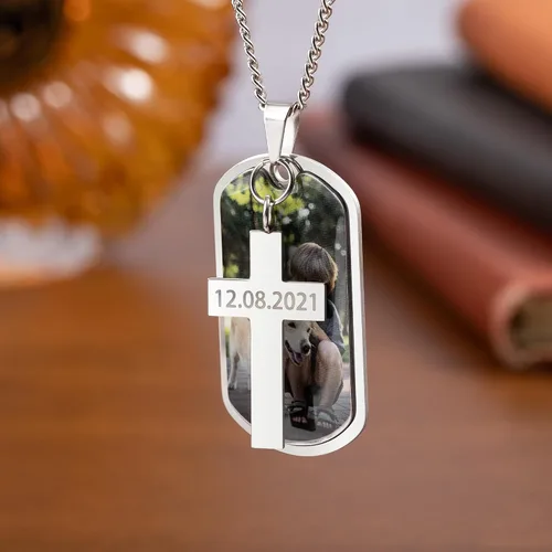 Miniatura 7 de CALLIE Collar personalizado con placa de identificación de cruz con foto para hombres, collares con colgante de acero inoxidable personalizado