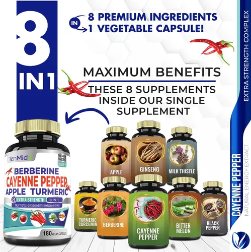 Miniatura 2 de Cápsulas de extracto de suplementos de pimienta de cayena, 180 cápsulas y berberina, manzana, curcumina de cúrcuma, melón amargo, ginseng, cardo