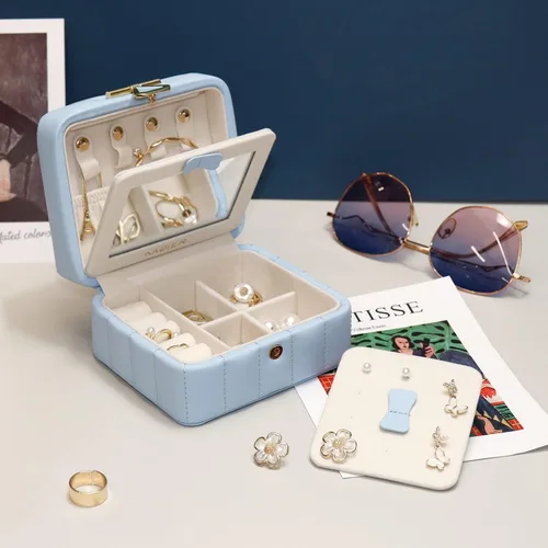 Miniatura 6 de KAMIER Organizador de joyas de viaje, caja organizadora de joyas de viaje de cuero acolchado con diamante, caja de joyería pequeña para mujer