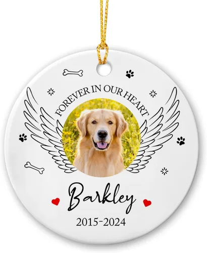 Miniatura 12 de Marco de fotos conmemorativo personalizado para mascotas, adorno de Navidad 2025, Un pedazo de mi corazón vive en el cielo, adorno de cerámica