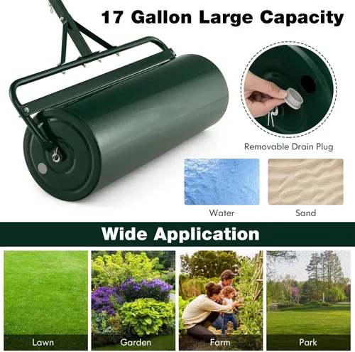 Miniatura 4 de Goplus Rodillo de césped de empuje/remolque, 17 galones/63L relleno de agua/arena con mango de agarre desmontable, 12 x 36 pulgadas, verde