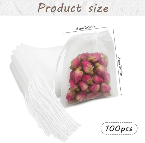 Miniatura 2 de 100 bolsas de té vacías desechables, bolsas de té sueltas para té de hojas sueltas, bolsas de té de malla reutilizables con cordón para café
