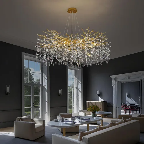 Miniatura 17 de Candelabro de Cristal Rama de Árbol Dorado Gota de Lluvia Redonda Lámpara Colgante con Borla Luminaria de Techo Colgante para Dormitorio Sala