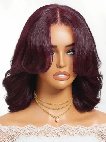 Beauty Forever Bob sin pegamento con cabello humano onda corporal, peluca de encaje HD Black Cherry con flequillo que enmarca la cara, cordón, 150%